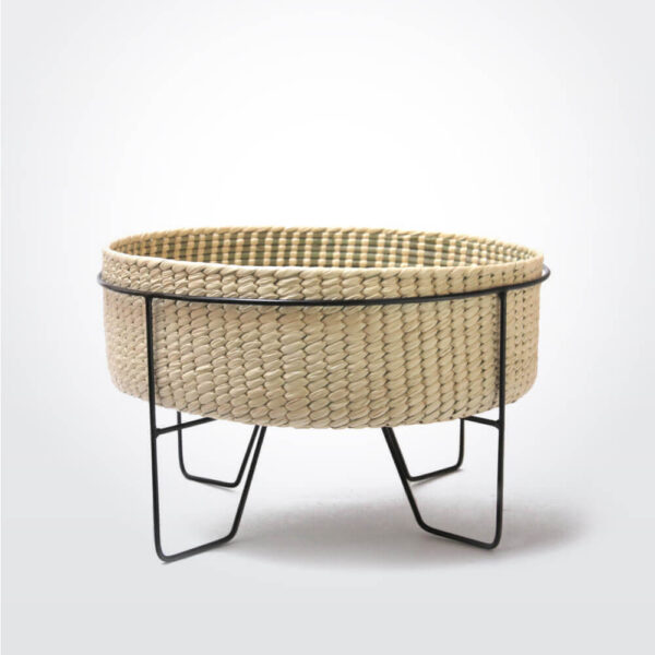 Palm leaf basket with black stand medium product photo.