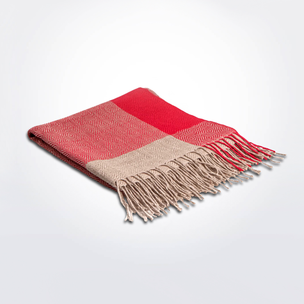 Red alpaca cape gray background.