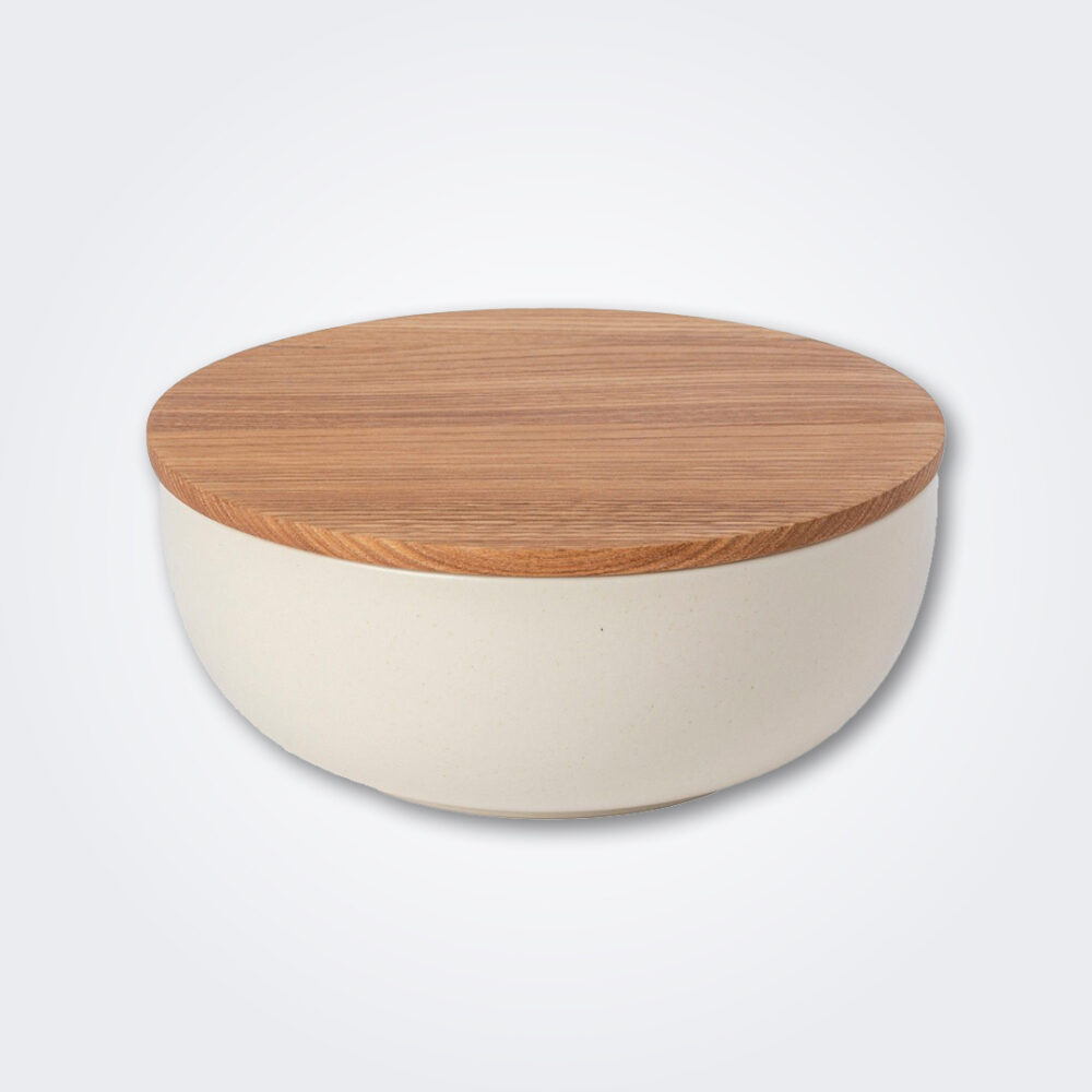 Cream serving bowl with wood lid