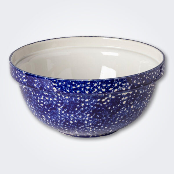 Large blue splatter mixing bowl product picture.