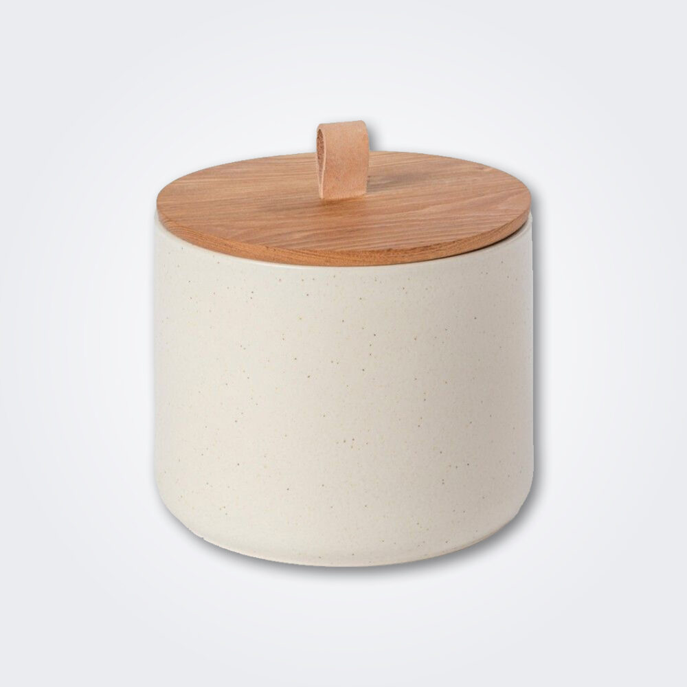 Large stoneware canister with wood lid