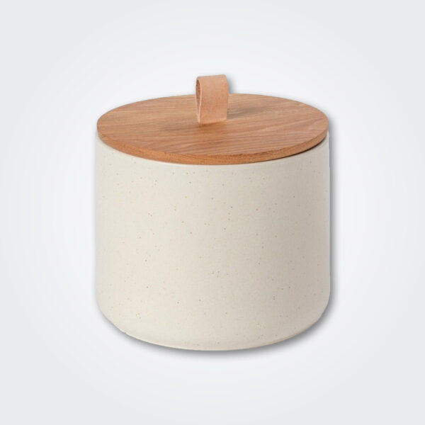 Large stoneware canister with wood lid product picture.