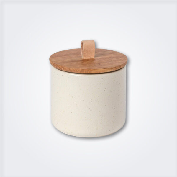 Medium stoneware canister with wood lid product picture.