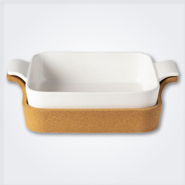 Square stoneware baker with cork tray product picture.