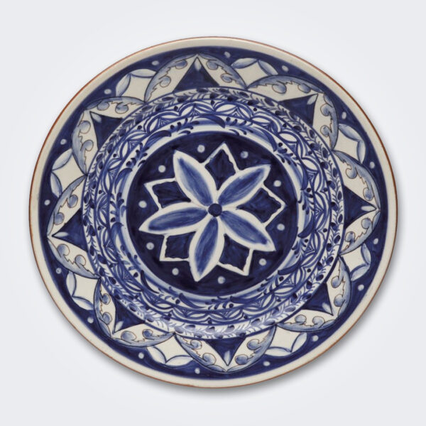 Blue and white floral round terracotta platter picture.