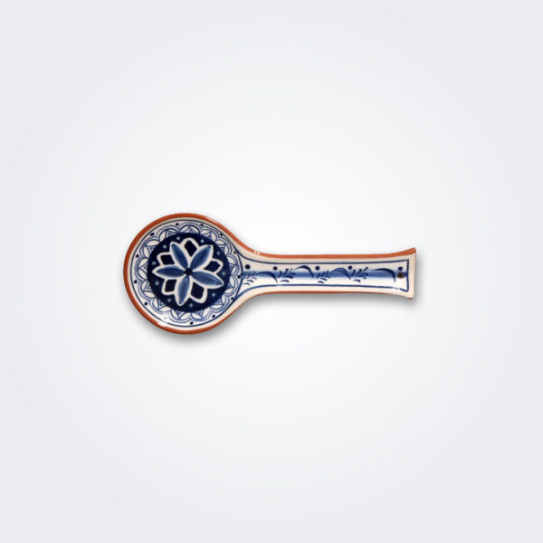 Blue and white floral terracotta spoon rest product picture.