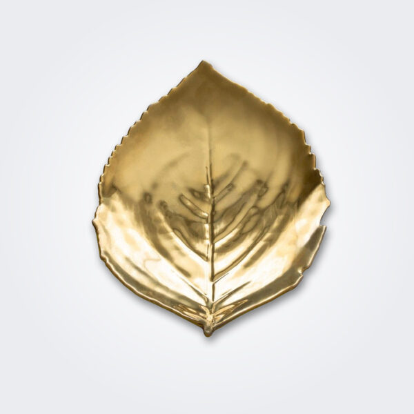 Gold hydrangea leaf plate product picture.