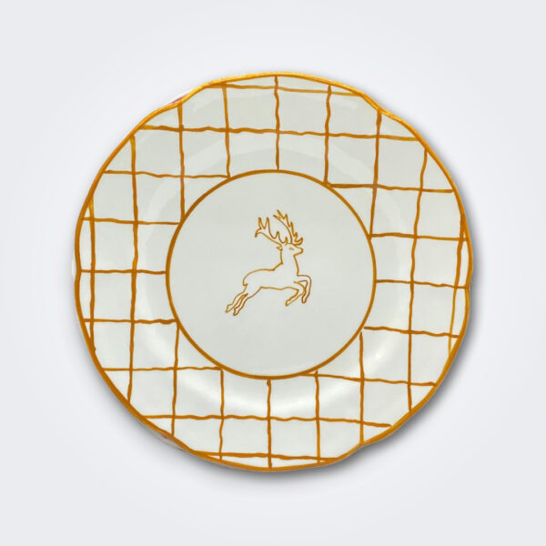Yellow checkered rims dinner plate product picture.
