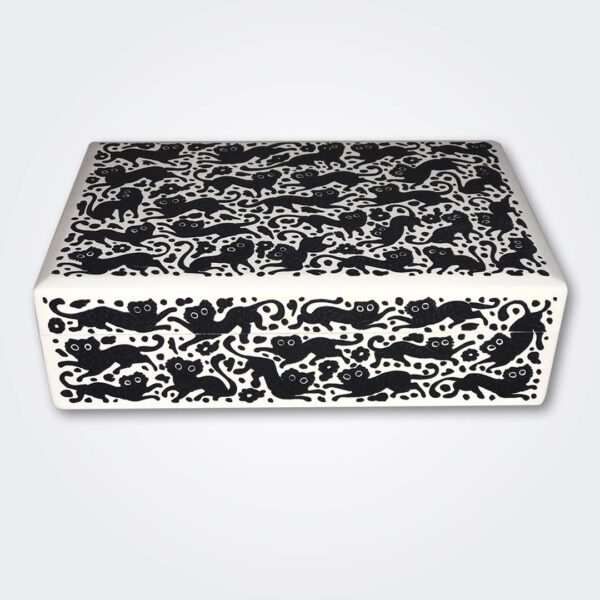 Open black and white lion wood box product picture.