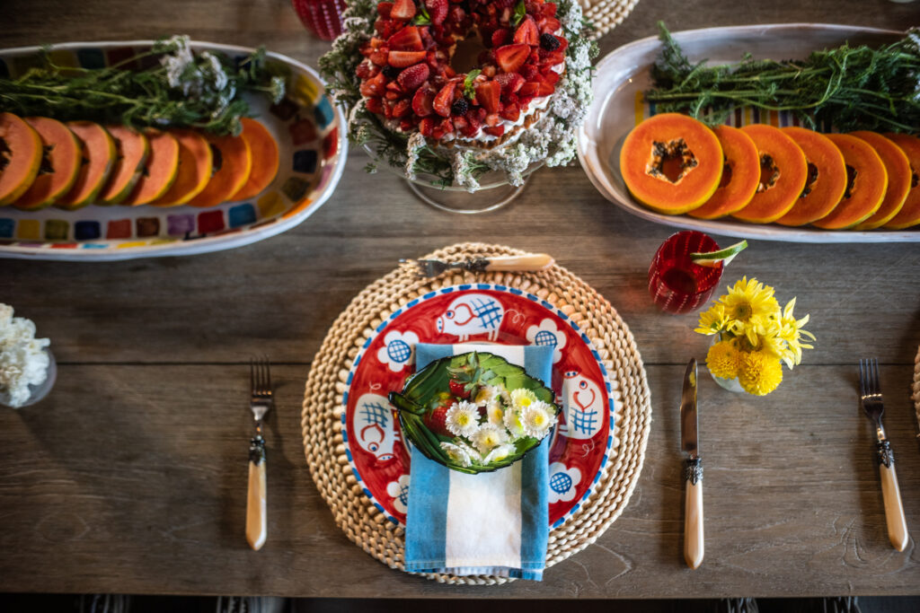 Red and blue summer table setting.