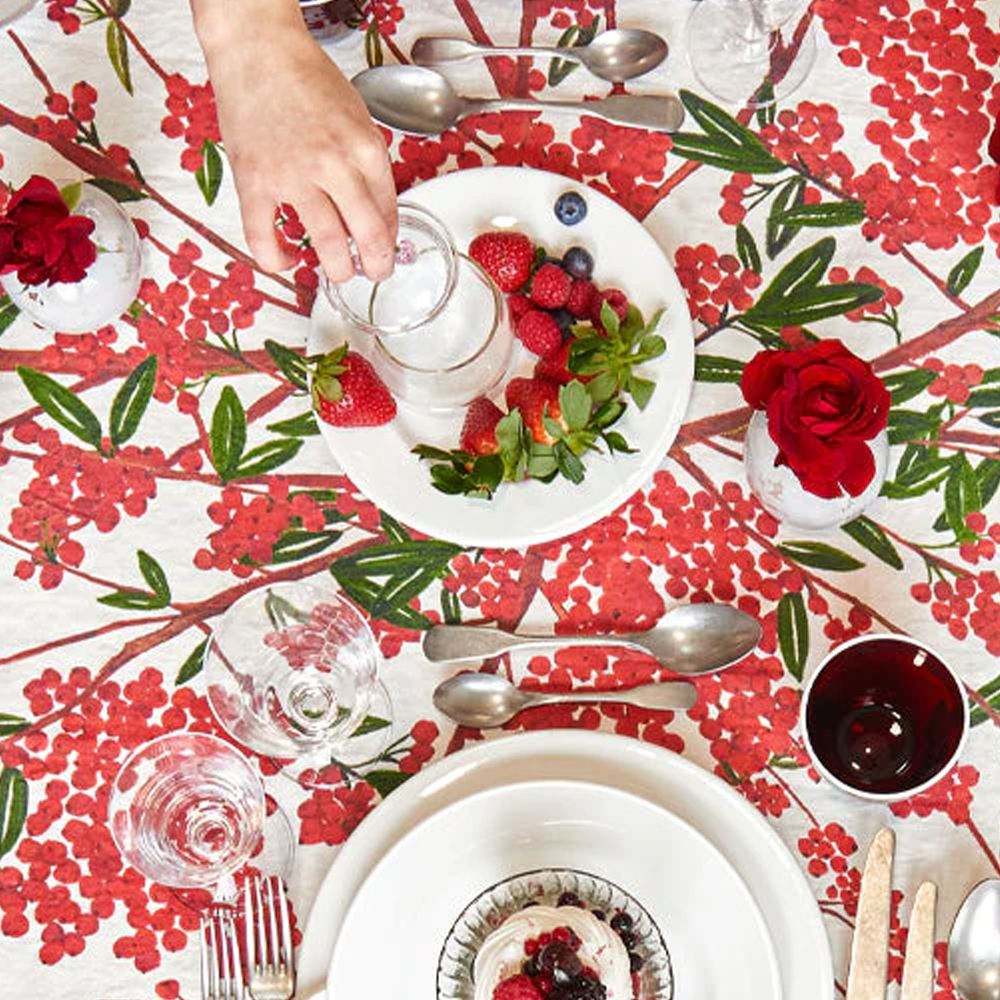 Large Red Berries Linen Tablecloth