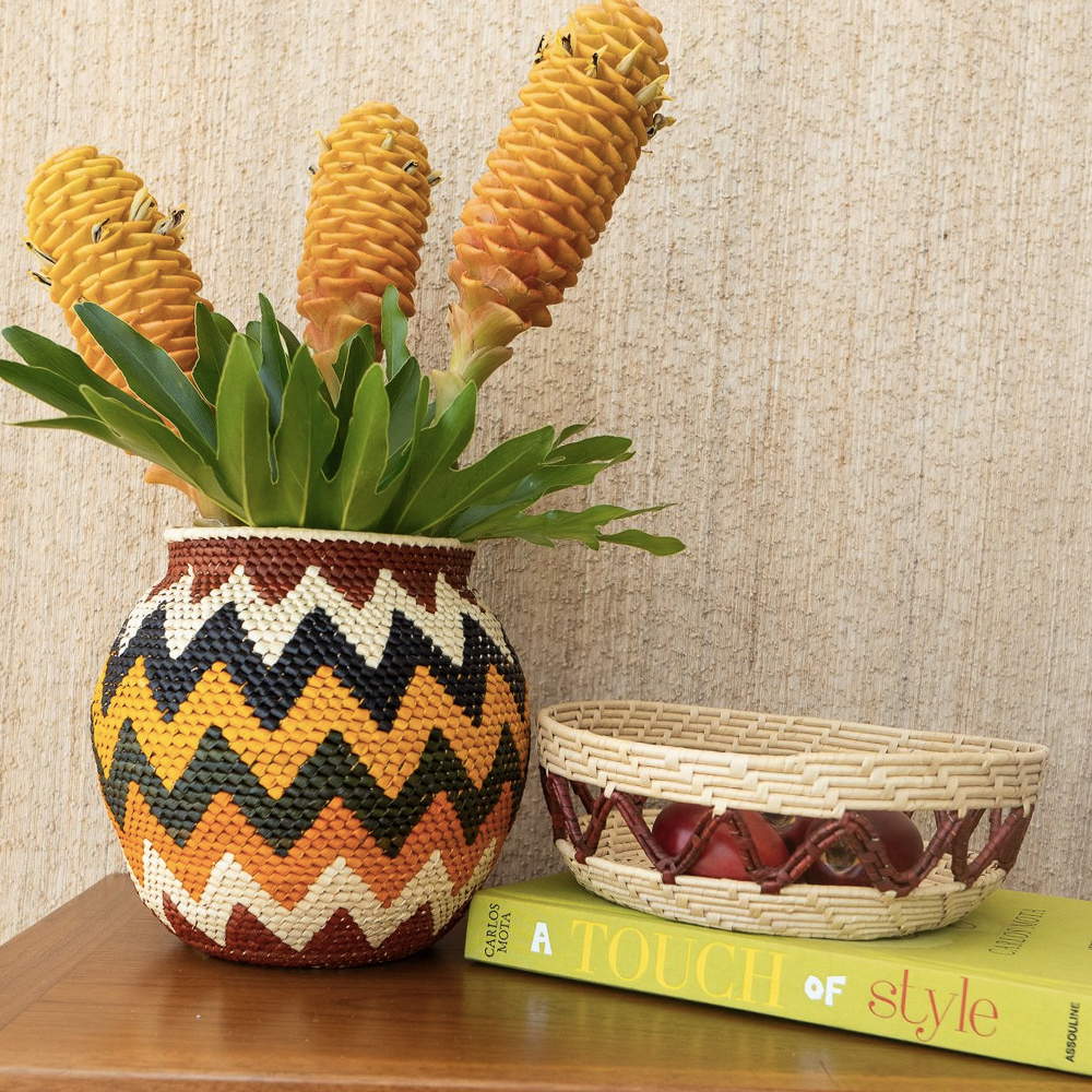 Burgundy and Natural Palm Basket Set